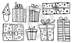 Set of stylized different gift boxes. Hand drawn cartoon vector black sketch illustration